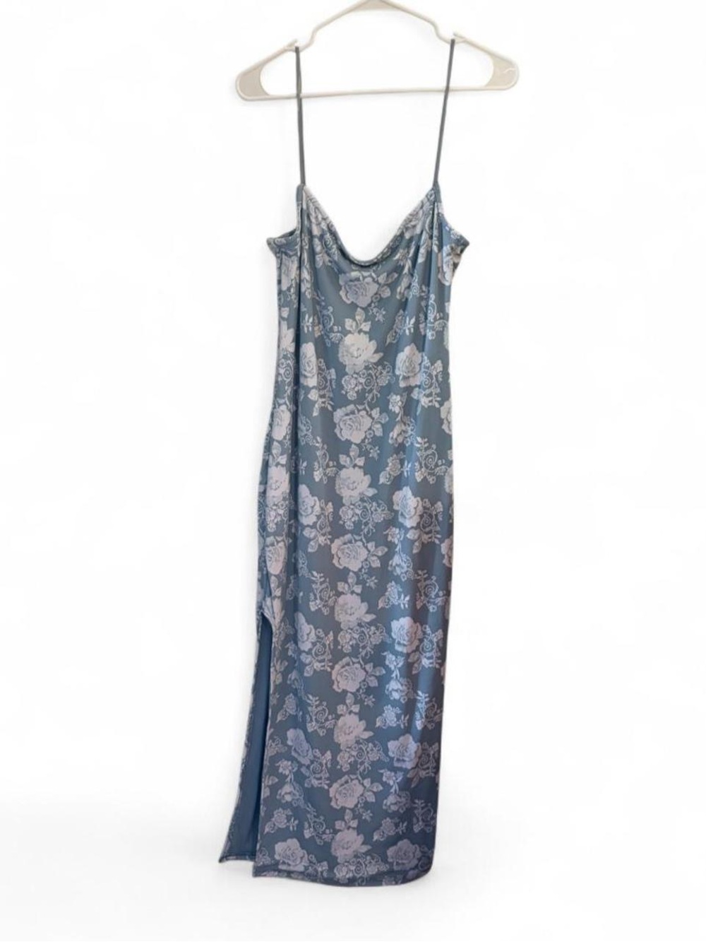 Blue Floral Satin Maxi Slip Dress with Spaghetti Straps